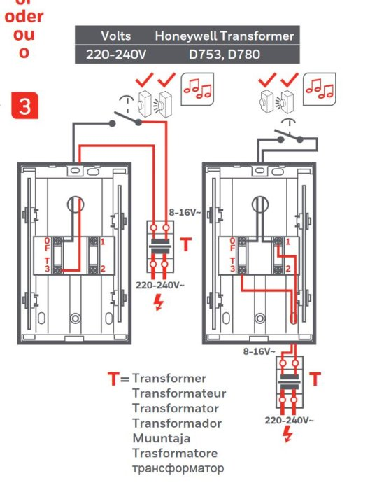 Diagram of a Honeywell D117 doorbell with a D780 transformer