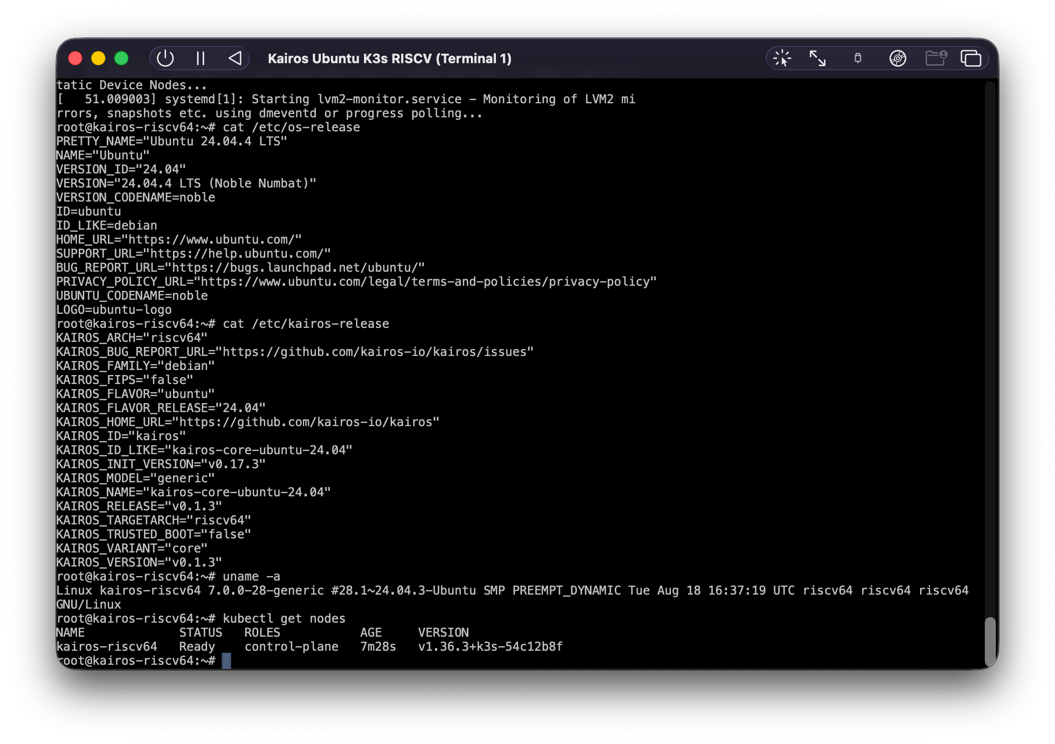 Terminal showing a Kairos riscv64 system booted on Ubuntu 24.04, with kubectl get nodes reporting the node Ready as control-plane, running k3s v1.36.3